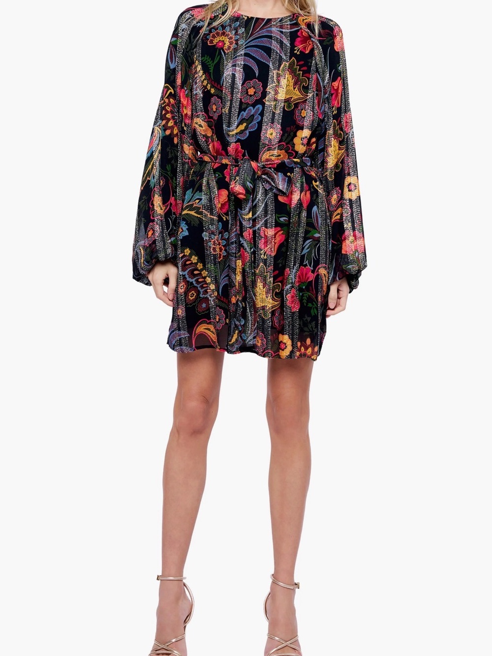Black ciebon Floral Tie-Waist Mini Dress with Long Sleeves
